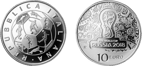 Италия не прошла в финальный турнир Чемпионата Мира по футболу (14 июня – 15 июля 2018, Россия), но зато выпустила серебряную монету достоинством 10 евро, посвященную главному спортивному событию года!